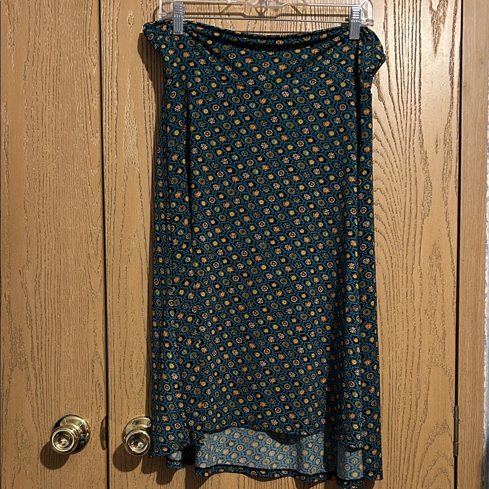 LuLaRoe High Low Skirt with Blue and Gold Pattern